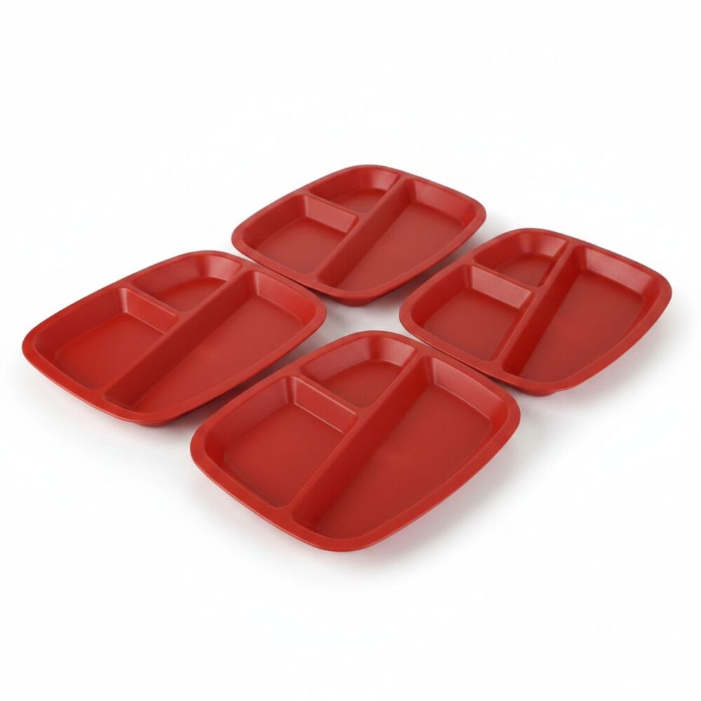 Set of 6 Red Divided Plates 9.25” x 7.75” Serving Dinner Trays
